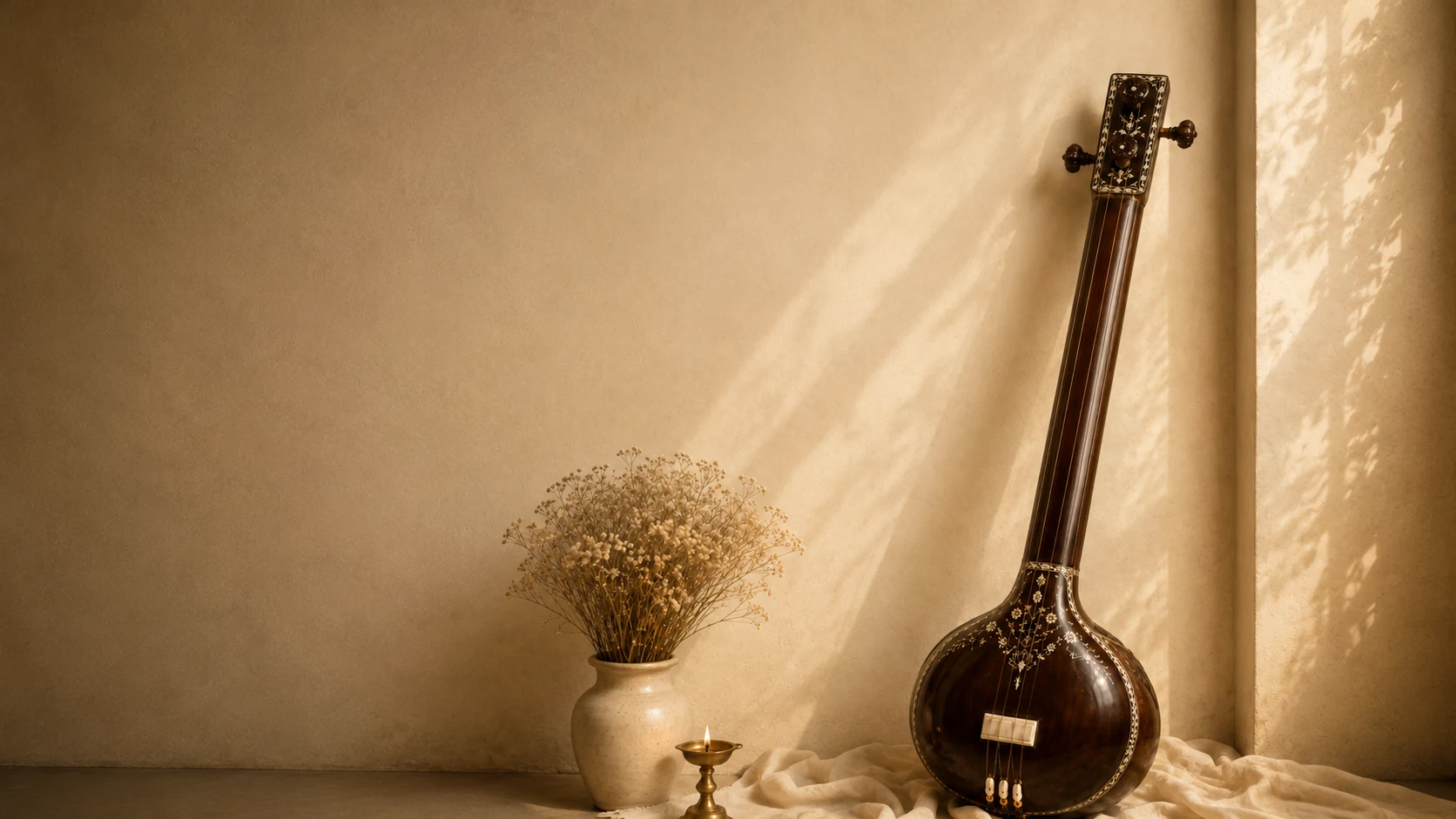 Tanpura resting against a warm plaster wall